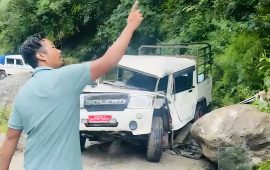 दुम्सिदिङमा बोलेरोमाथि ढुङ्गा खस्यो